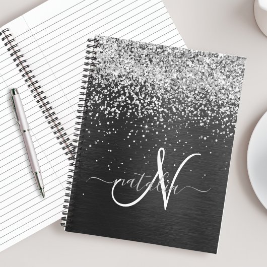 Aangepast zilveren glitter-zwart monogram notitieboek