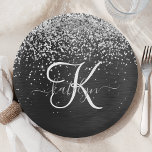Aangepast zilveren glitter-zwart monogram papieren bordje<br><div class="desc">Pas dit trendy elegante papieren bord eenvoudig aan met  zilveren mousserende glitter op een zwarte geborstelde metalen achtergrond.</div>