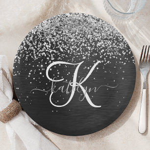 Aangepast zilveren glitter-zwart monogram papieren bordje