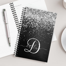 Aangepast zilveren glitter-zwart monogram planner