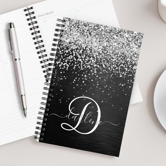 Aangepast zilveren glitter-zwart monogram planner