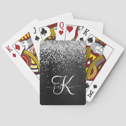 Aangepast zilveren glitter-zwart monogram pokerkaarten (Achterkant)