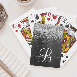 Aangepast zilveren glitter-zwart monogram pokerkaarten