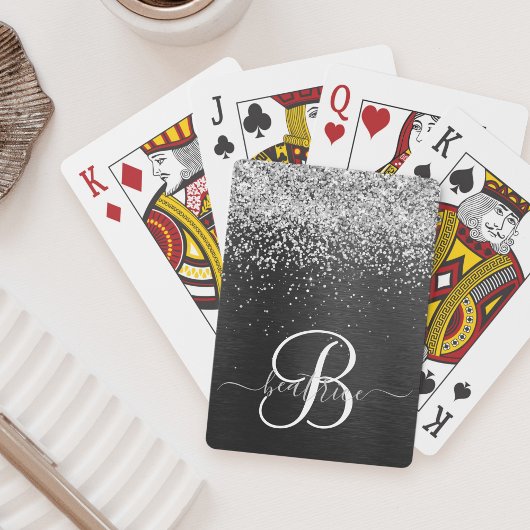 Aangepast zilveren glitter-zwart monogram pokerkaarten