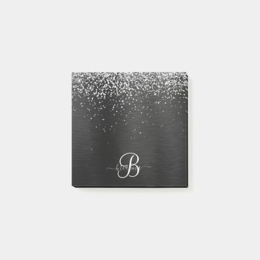 Aangepast zilveren glitter-zwart monogram post-it® notes (Voorkant)