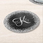 Aangepast zilveren glitter-zwart monogram ronde kartonnen onderzetter (Gebogen)