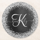Aangepast zilveren glitter-zwart monogram ronde kartonnen onderzetter (Voorkant)