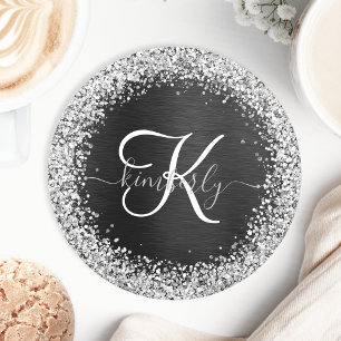 Aangepast zilveren glitter-zwart monogram ronde kartonnen onderzetter
