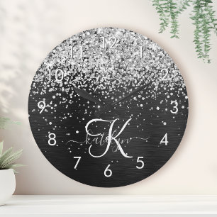 Aangepast zilveren glitter-zwart monogram ronde klok