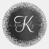 Aangepast zilveren glitter-zwart monogram ronde sticker (Voorkant)