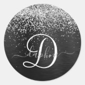 Aangepast zilveren glitter-zwart monogram ronde sticker (Voorkant)