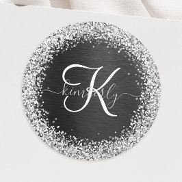 Aangepast zilveren glitter-zwart monogram ronde sticker