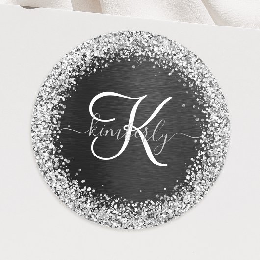 Aangepast zilveren glitter-zwart monogram ronde sticker