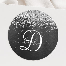 Aangepast zilveren glitter-zwart monogram ronde sticker