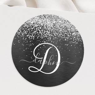 Aangepast zilveren glitter-zwart monogram ronde sticker