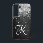 Aangepast zilveren glitter-zwart monogram samsung galaxy hoesje<br><div class="desc">Pas dit trendy elegante telefoondoosontwerp eenvoudig aan met  zilveren mousserende glitter op een zwarte geborstelde metalen achtergrond.</div>