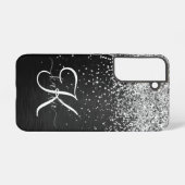 Aangepast zilveren glitter-zwart monogram samsung galaxy hoesje (Achterkant horizontaal)