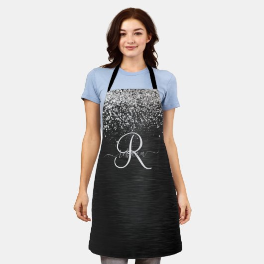 Aangepast zilveren glitter-zwart monogram schort (Gedragen)