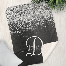 Aangepast zilveren glitter-zwart monogram sherpa deken