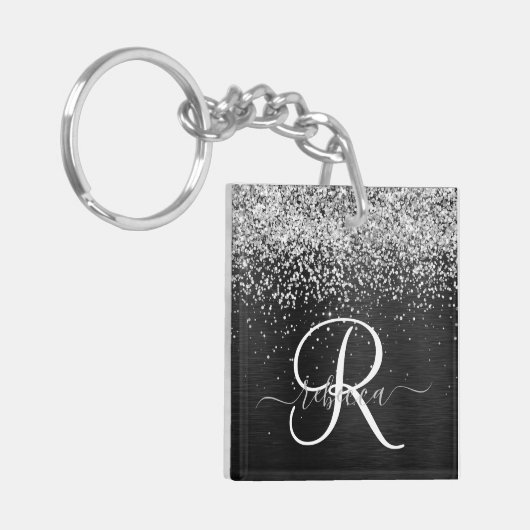 Aangepast zilveren glitter-zwart monogram sleutelhanger (Voorkant Links)