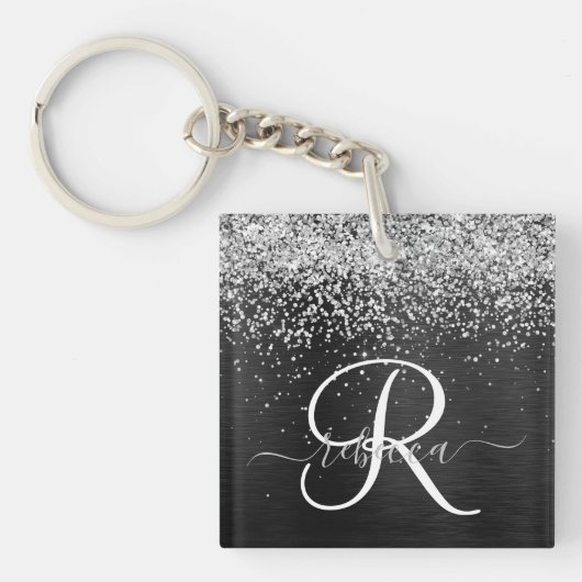 Aangepast zilveren glitter-zwart monogram sleutelhanger (Voorkant)