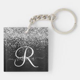 Aangepast zilveren glitter-zwart monogram sleutelhanger