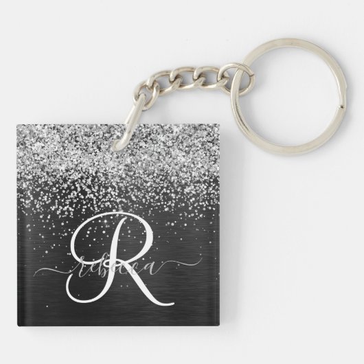 Aangepast zilveren glitter-zwart monogram sleutelhanger (Achterkant)