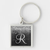 Aangepast zilveren glitter-zwart monogram sleutelhanger (Voorkant)