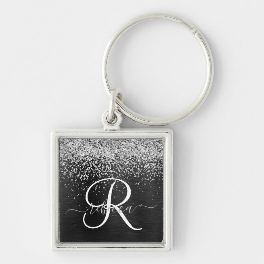 Aangepast zilveren glitter-zwart monogram sleutelhanger (Voorkant)