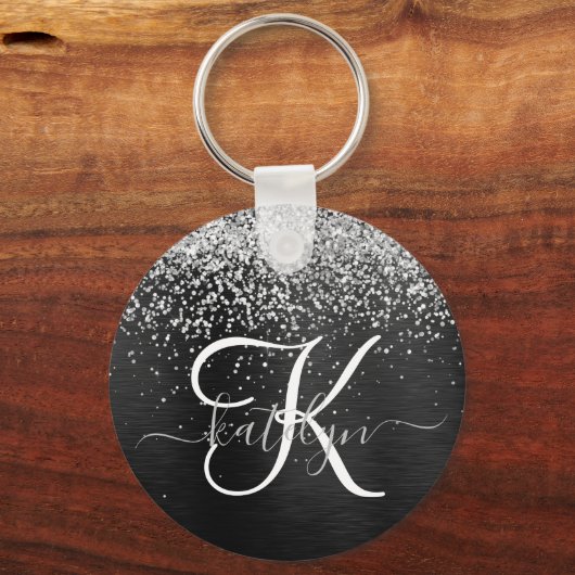 Aangepast zilveren glitter-zwart monogram sleutelhanger (Voorkant)