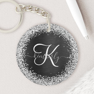 Aangepast zilveren glitter-zwart monogram sleutelhanger