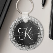 Aangepast zilveren glitter-zwart monogram sleutelhanger