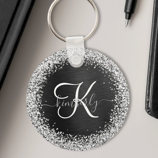 Aangepast zilveren glitter-zwart monogram sleutelhanger