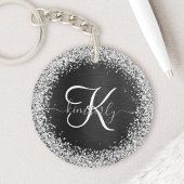 Aangepast zilveren glitter-zwart monogram sleutelhanger