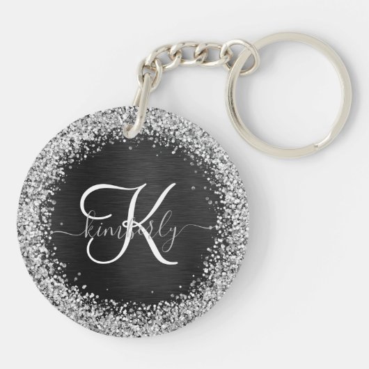 Aangepast zilveren glitter-zwart monogram sleutelhanger (Achterkant)