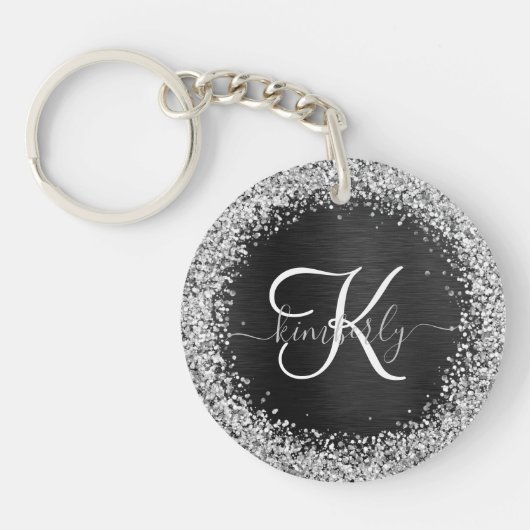 Aangepast zilveren glitter-zwart monogram sleutelhanger (Voorkant)