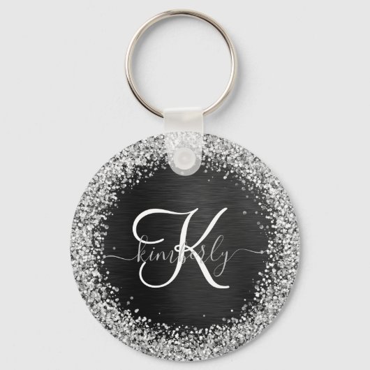 Aangepast zilveren glitter-zwart monogram sleutelhanger (Achterkant)