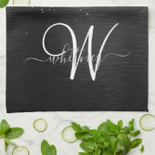 Aangepast zilveren glitter-zwart monogram theedoek (Gevouwen)