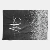 Aangepast zilveren glitter-zwart monogram theedoek (Horizontaal)