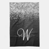 Aangepast zilveren glitter-zwart monogram theedoek (Verticaal)