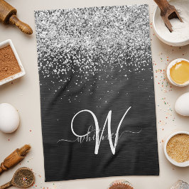Aangepast zilveren glitter-zwart monogram theedoek