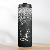Aangepast zilveren glitter-zwart monogram thermosbeker