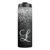 Aangepast zilveren glitter-zwart monogram thermosbeker (Voorkant)