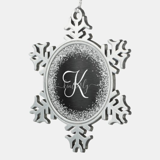 Aangepast zilveren glitter-zwart monogram tin sneeuwvlok ornament (Rechts)