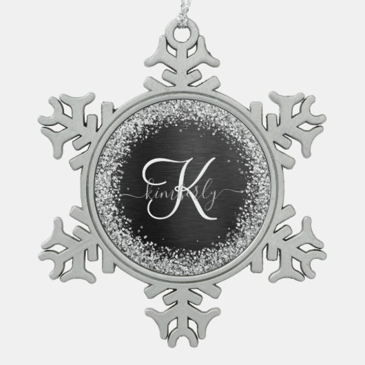 Aangepast zilveren glitter-zwart monogram tin sneeuwvlok ornament (Voorkant)