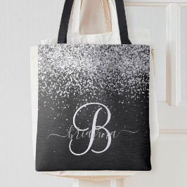 Aangepast zilveren glitter-zwart monogram tote bag