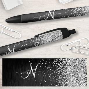 Aangepast zilveren glitter-zwart monogram zwarte inkt pen