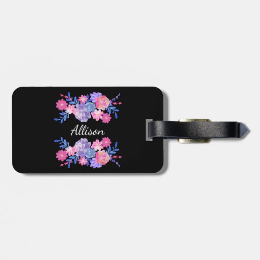 Aangepast zwart bloem monogram bagagelabel (Achterkant horizontaal)