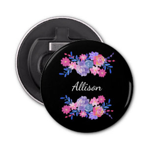 Aangepast zwart bloem monogram button flesopener
