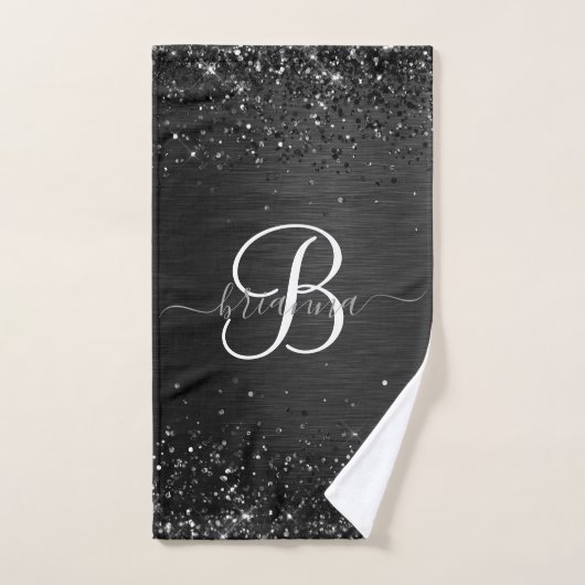 Aangepast zwart glitter Sparkle Monogram Bad Handdoek (Handdoek)